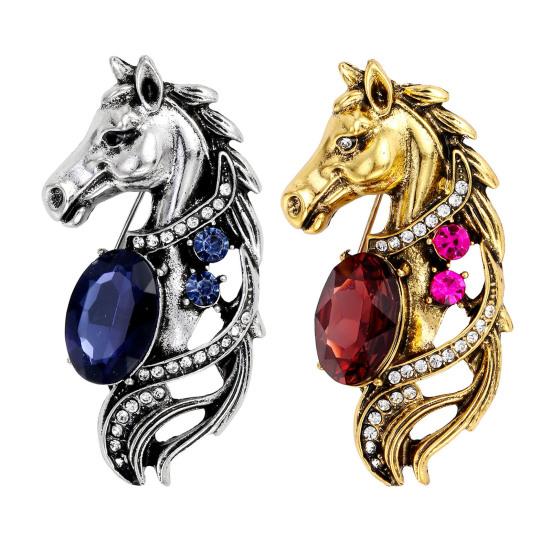 1/2 шт. Брошь Металлическая булавка с дизайном головы лошади с блестящими стразами, овальные цветные искусственные кристаллы, застежка-значок, для курток, шарфов, сумок, аксессуары