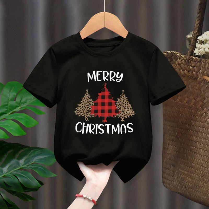 Повседневный мультяшный топ-футболка для мальчиков и девочек, рождественский Санта-Клаус, олень, с коротким рукавом, детская одежда, круглый вырез