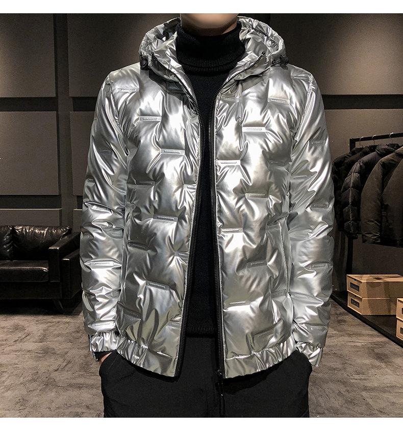 Мужской серебристый блестящий зимний пуховик, мужской теплый короткий белый утиный пух с капюшоном