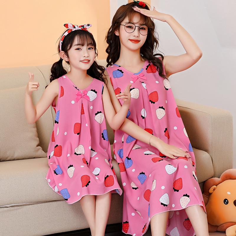 Летняя хлопковая ночная сорочка без рукавов для девочек - Пижамы для мамы и дочки в одном стиле