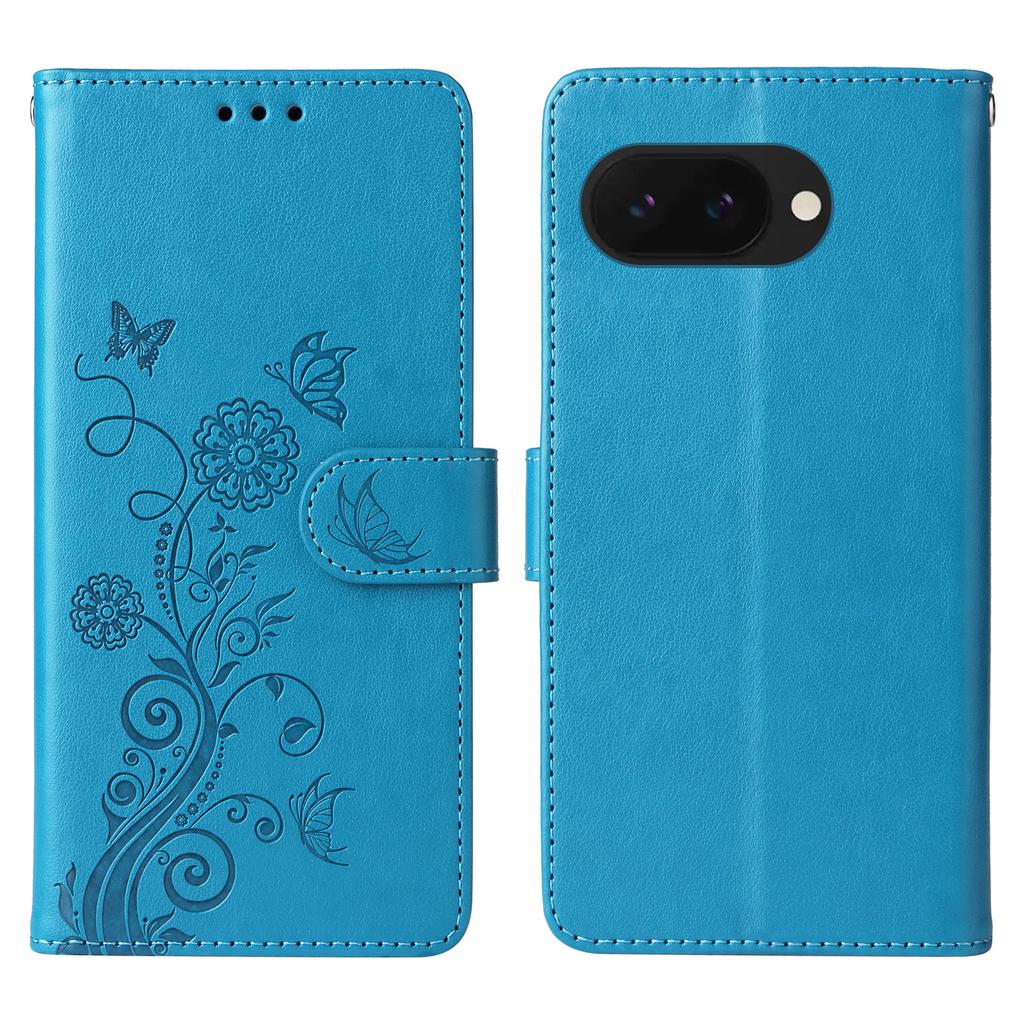 For Google Pixel 9a Leather Case Butterfly Floral Imprint Wallet Stand Cover