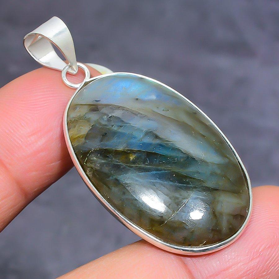 Natural Labradorite Gemstone 925 Sterling Silver Jewelry Pendant 1.81" w2s51