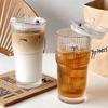 Large Capacity  Stripe Glass Coffee Cup With Lid Cover Straw Transparent Drinking Glasses For Juice Iced Coffee Mugs Drinkware