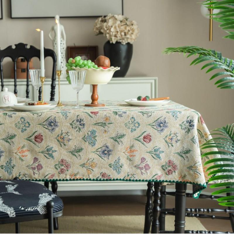 French Vintage Embroidered Tablecloth With Floral Woven Jacquard Rectangular Dining Table Cover Home Decor