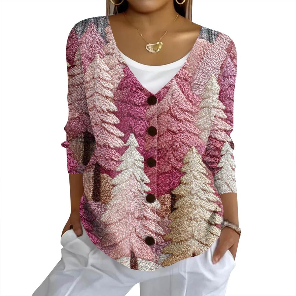 Women's Fashion Casual Knit Sweater Button-Up Christmas Print Cardigan Jacket