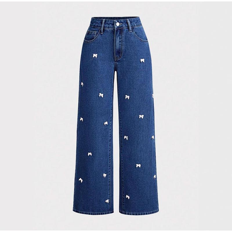 Light Blue Straight Leg Bow Jeans Women's High Waist Spring New Loose Drapey Wide Leg Denim Pants Casual Cotton Stretch