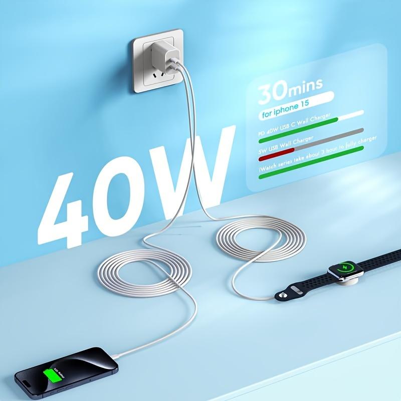 Двойной 40-ваттный штекер USB C для зарядки с 6-футовым магнитным кабелем USB-C для быстрой зарядки C/iWatch для Apple Watch Series и iPhone 15