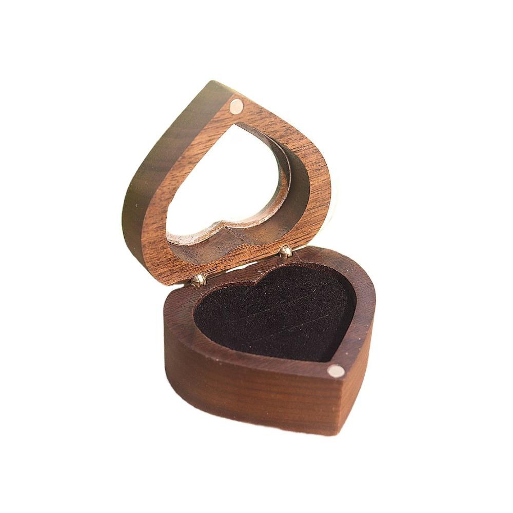 Transparent Cover Walnut Wood Rings Box 2 Slots Rings Bearer Box Simple Heart Rings Holder  Propose