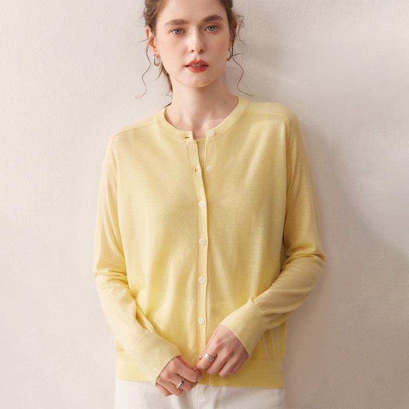 Women's 100% Pure Wool Saddle Shoulder Cardigan - Thin, Round Neck, Fine Knit, Long Sleeve for Simple Commute