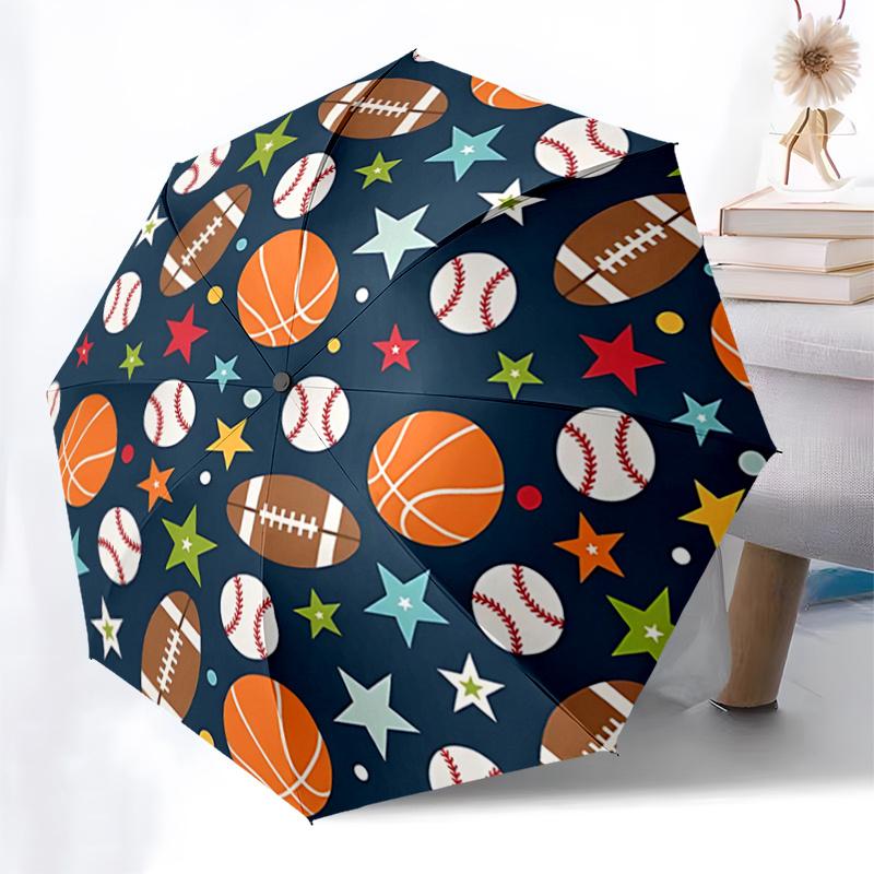 Sports Ball & Star Pattern Automatic Opening/Closing Umbrella - Portable Tri-Fold Design, 8-Rib Iron Frame Outdoor Umbrella, Ideal Gift for