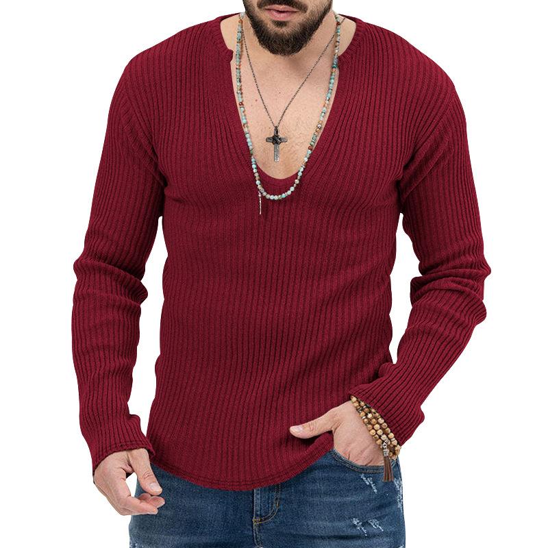 Men's V-Neck Ribbed Long Sleeve Knit Sweater, Slim Fit Casual Pullover, Multiple Color Options