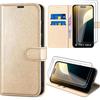 2 Tempered Glasses + Case for iPhone 16 Pro Max, Golden Synthetic Leather Scratch-Resistant Flip Case