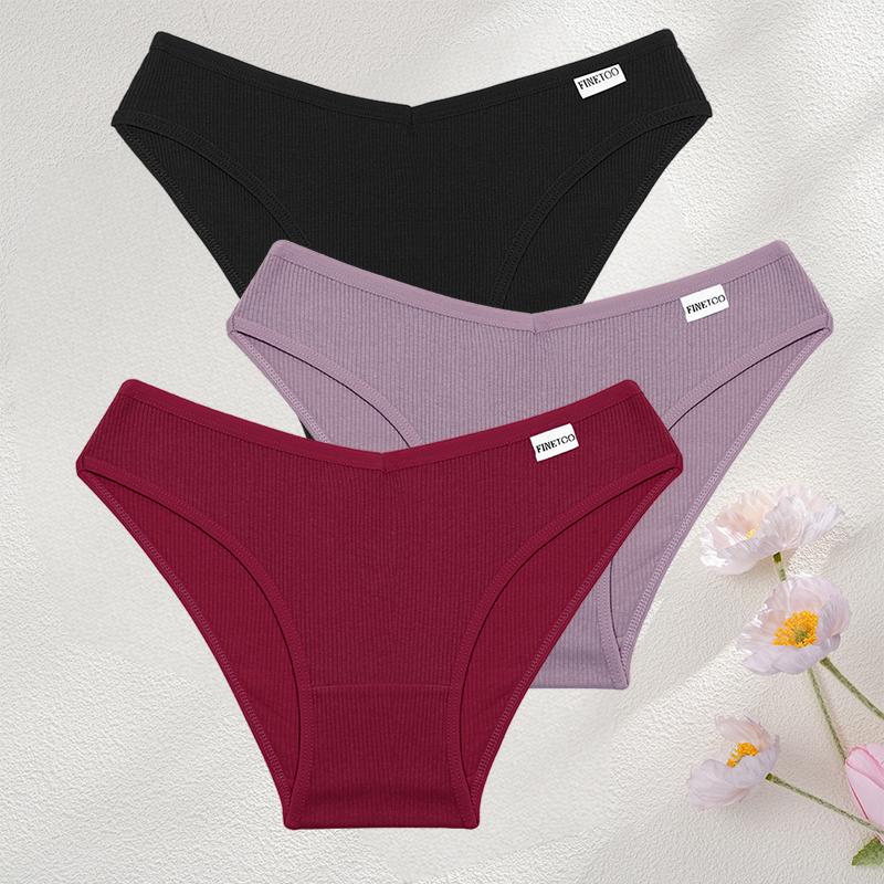 FINETOO 3Pcs/Set Sexy Low Waist Cotton Panties M-3XL Ribbed Breathable Briefs Underwear for Women Gym Fitness Casual Lingerie