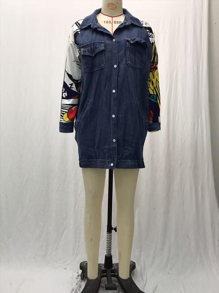 Женская джинсовая ветровка 2025 года: Креативный абстрактный узор, свободный крой, стираная джинсовая куртка