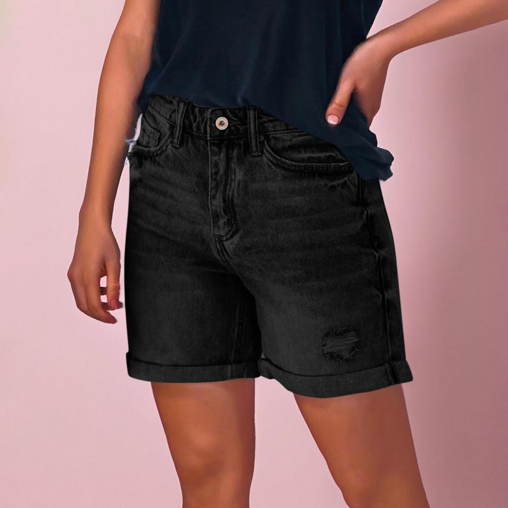 Women's Solid Color Jeans Stretch Slim Fit Distressed Denim Shorts