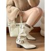 Pointed Coarse Heel White Short Boots Women's Belt Buckle Martin Boots Temperament Medium Pile Boots