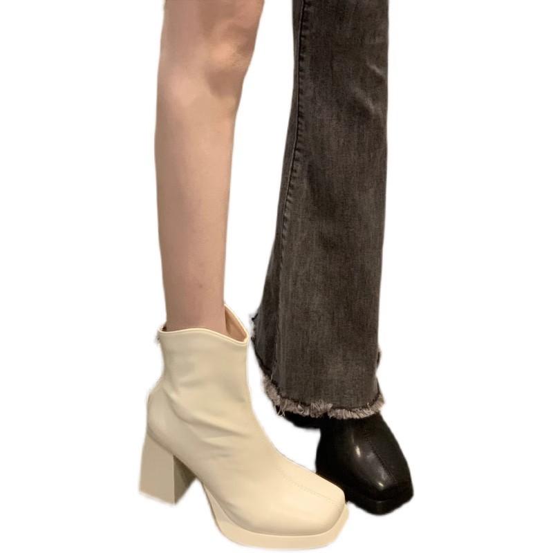 White Thick-heeled Short Boots Women's 2024 New Autumn and Winter High-heeled Shoes Small Man Heightened Thick-soled Martin Boots Thin Single Boots