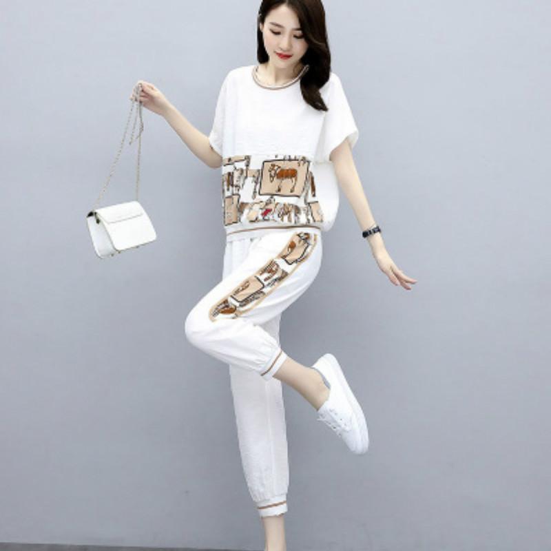 Модный повседневный спортивный костюм, женские спортивные костюмы, летние свободные футболки с короткими рукавами, укороченные брюки