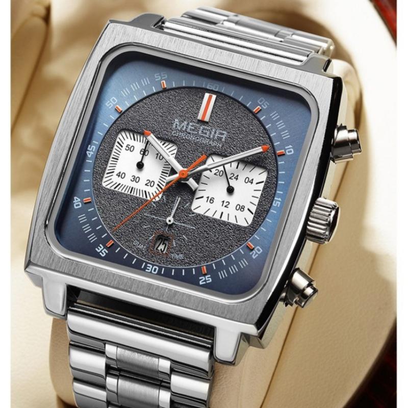 Men’s Square Quartz Watch Chronograph Multifunction Waterproof Luminous Calendar Business Stainless Steel Wristwatch