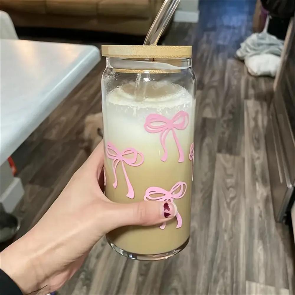 500 мл/16,9 унций Вишневый бант стеклянный стакан Мейсона в форме банки для воды с крышкой и трубочкой для холодного кофе сока питьевая чашка подарок