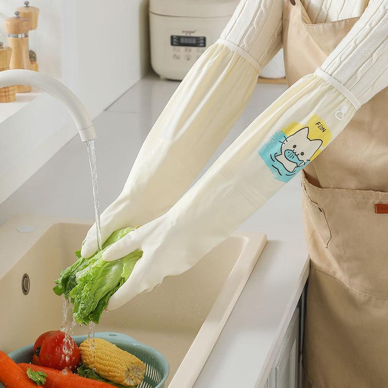 Waterproof Dishwashing Gloves, Thick Rubber Latex for Washing Vegetables, Long-sleeved, Durable, for Scrubbing Dishes, with Fleece Padding