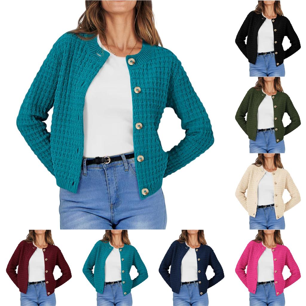 Women's Fashionable Solid Color Long Sleeved Button Knit Cardigan Casual Sweater Jacket