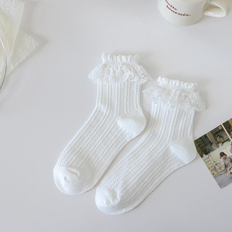 Lolita Style Japanese Kawaii Women Socks Cute Frilly Ruffle Socks Solid White Black Mesh Lace Girls Sweet Harajuku Short Socks