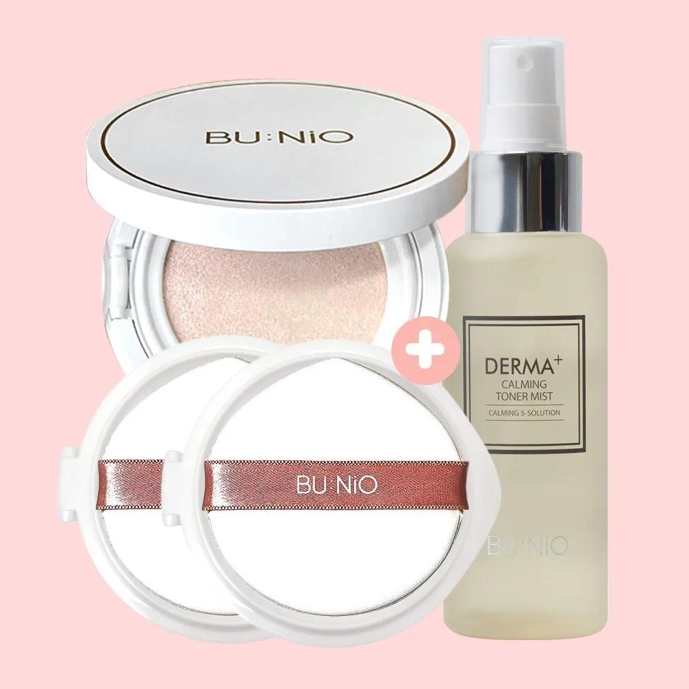 BU:NiO Bare Face Cushion Set (Calming Cool Tone-Up Sun Cushion Main Product 25g + Refill 25g x 2 + Calming Toner Mist 100ml)