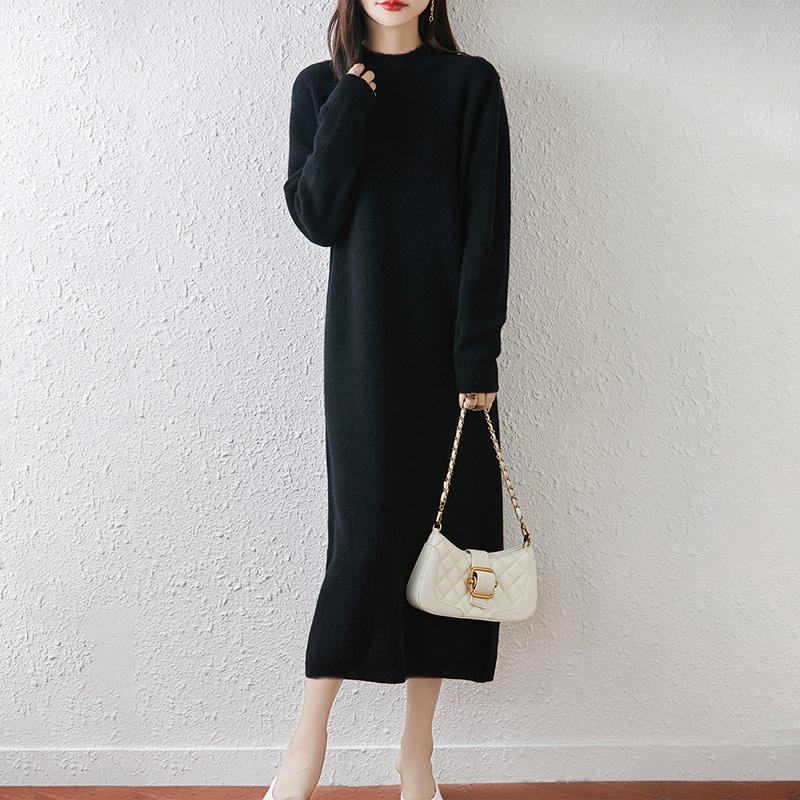 Women Sweater Dress 100% Wool TIDENOVEL O-neck Knit Long Pullover Winter Jumpers Wool Long Dress Female