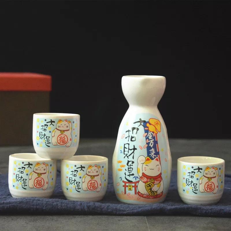 5 шт./компл., японская керамическая бутылка для вина Lucky Cat Sake, креативная фляжка Maneki Neko, ликер, спиртные напитки, чашка для вина, посуда для напитков