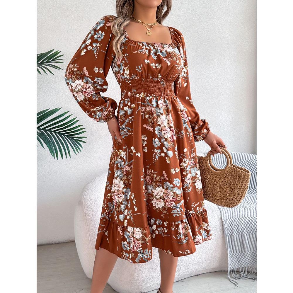 Женское платье А-силуэта с цветочным принтом, квадратным вырезом, длинными рукавами, приталенными оборками, весна-лето