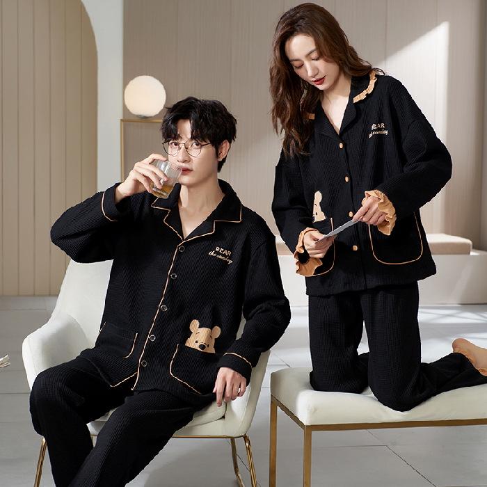 Cute Couple Pajamas: Women's Spring & Autumn Waffle Long Sleeves and Men's Casual Large Size Homewear