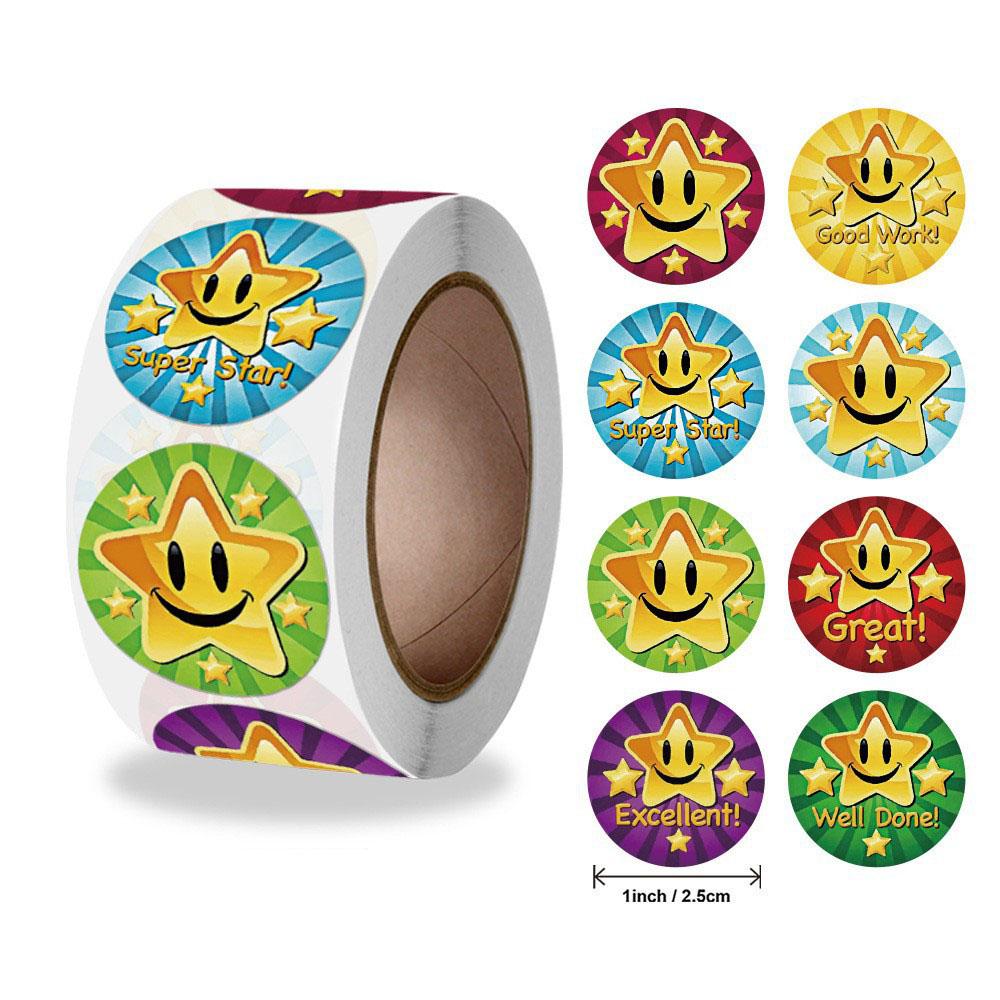 500Pcs/Roll Cartoon Stars Smile Reward Encourage Stickers,2.5cm/1.0inch Round Perfect For Learning Rewards Game Party Gift Seal