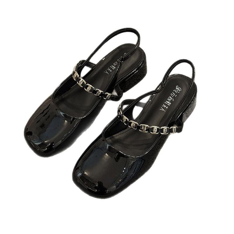 Mary Jane Baotou Sandals Women's 2025 Spring and Summer New Square Head Coarse Heel Middle Heel Versatile Rear Empty Diamond with Cool Slippers Women