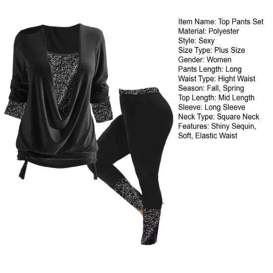 2 шт./компл. женский топ и брюки, комплект контрастного цвета с блестящими пайетками, мешковатый комплект из двух предметов с длинными рукавами, теплый повсед...