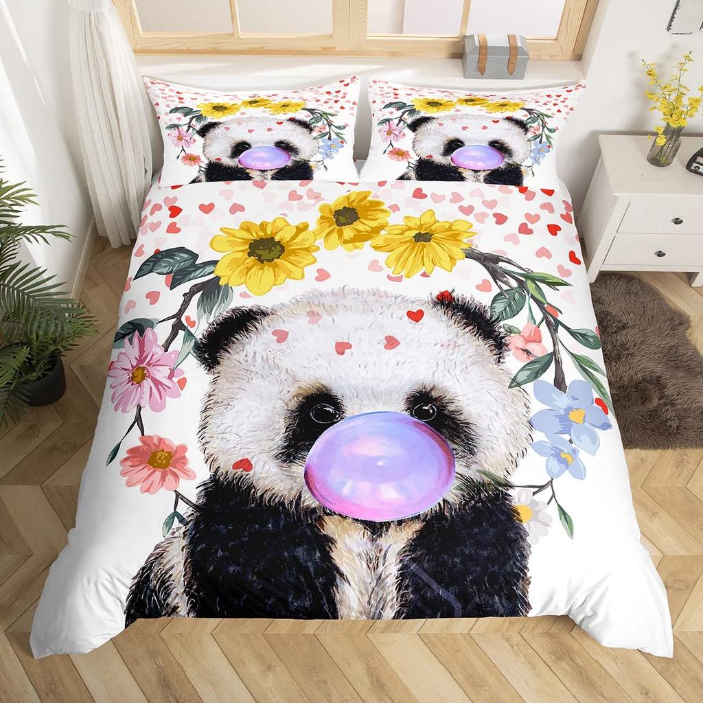 Kids Panda King Queen Duvet Cover Cute Animal Bedding Set For Boys Girls Cartoon Style 2/3pcs Quilt Cover Flower Comforter Cover
