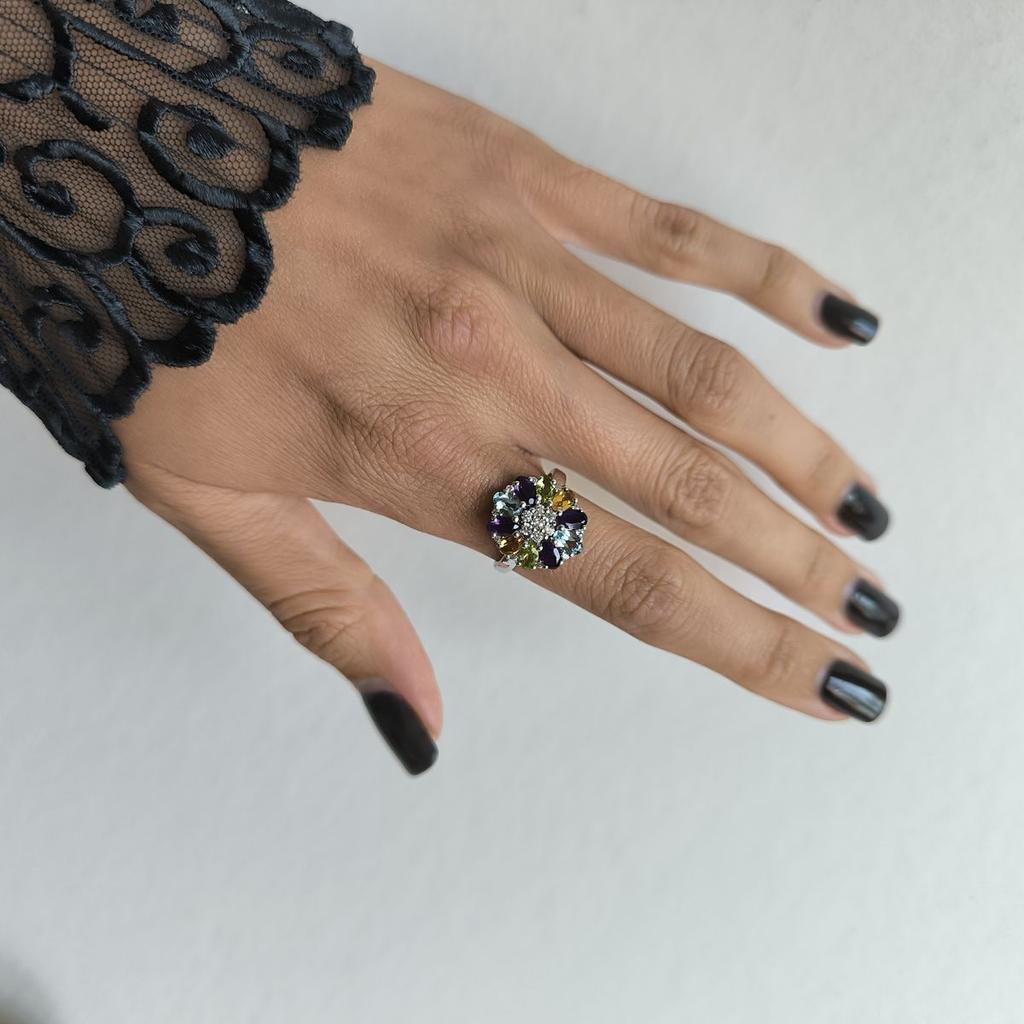 Серебряное кольцо с натуральным аметистом 3.048ct, цитрином, хризолітом, топазом, вес изделия 3,52 гр (2193333)