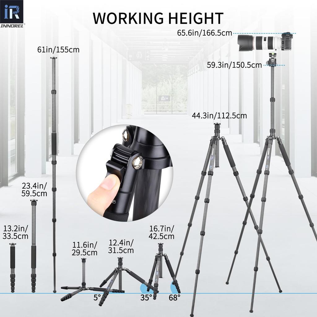 INNOREL Carbon Small and Medium Ultra Light Weight Capacity 5 Adjustable Tube Diameter Center Low Center of Nut Lock Digital SLR Digital Fireworks