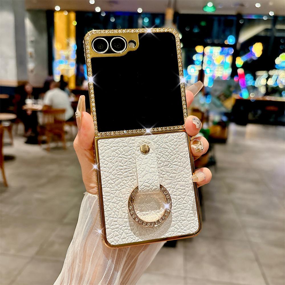 Luxury Rhinestone Plating Frame Lychee Leather Phone Case For SAMSUNG Z Flip 7 6 5 4 3 Finger Ring Solid Color Protective Cover
