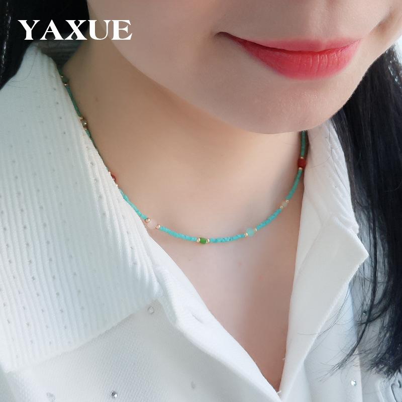 Turquoise Beaded Choker Necklace with Multicolor Accents – Gold Tone Adjustable Boho Necklace for Women, Summer Beach Jewelry Gift