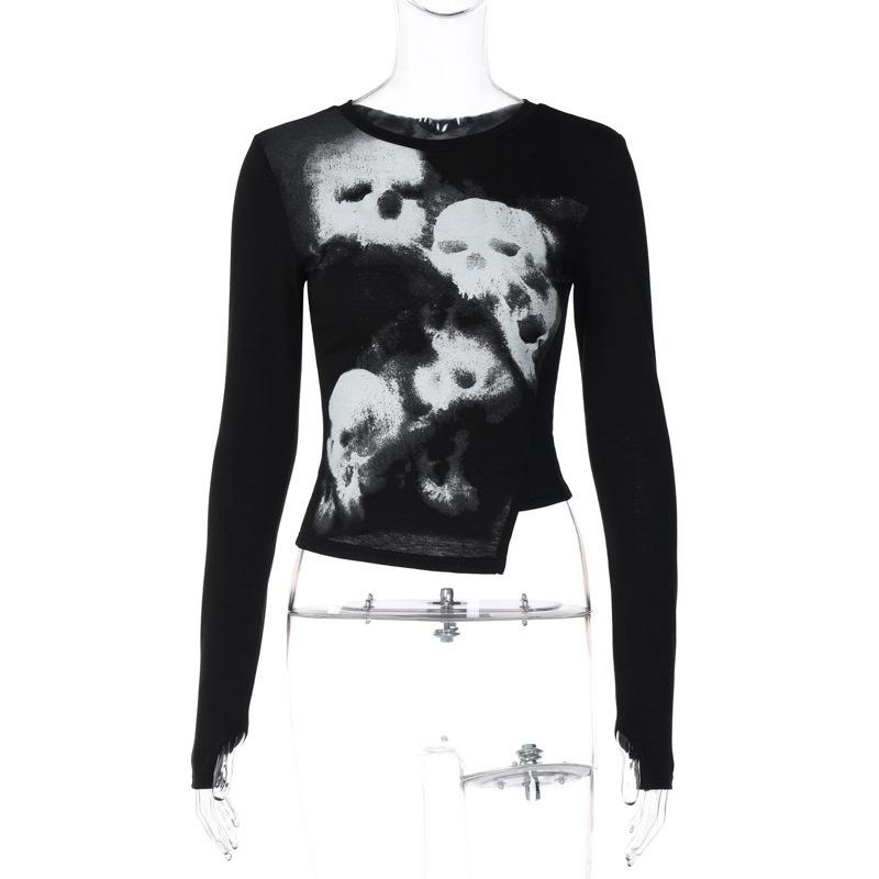 Y2K Retro Women's Exposed Navel Harajuku Abstract Printed Long Sleeved T-shirt Gothic Personalized Irregular Top