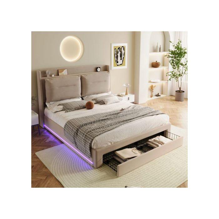 Lit hydraulique - MUVOE - 140x200 - Beige - Tiroirs 2 en 1 - Éclairage LED réglable