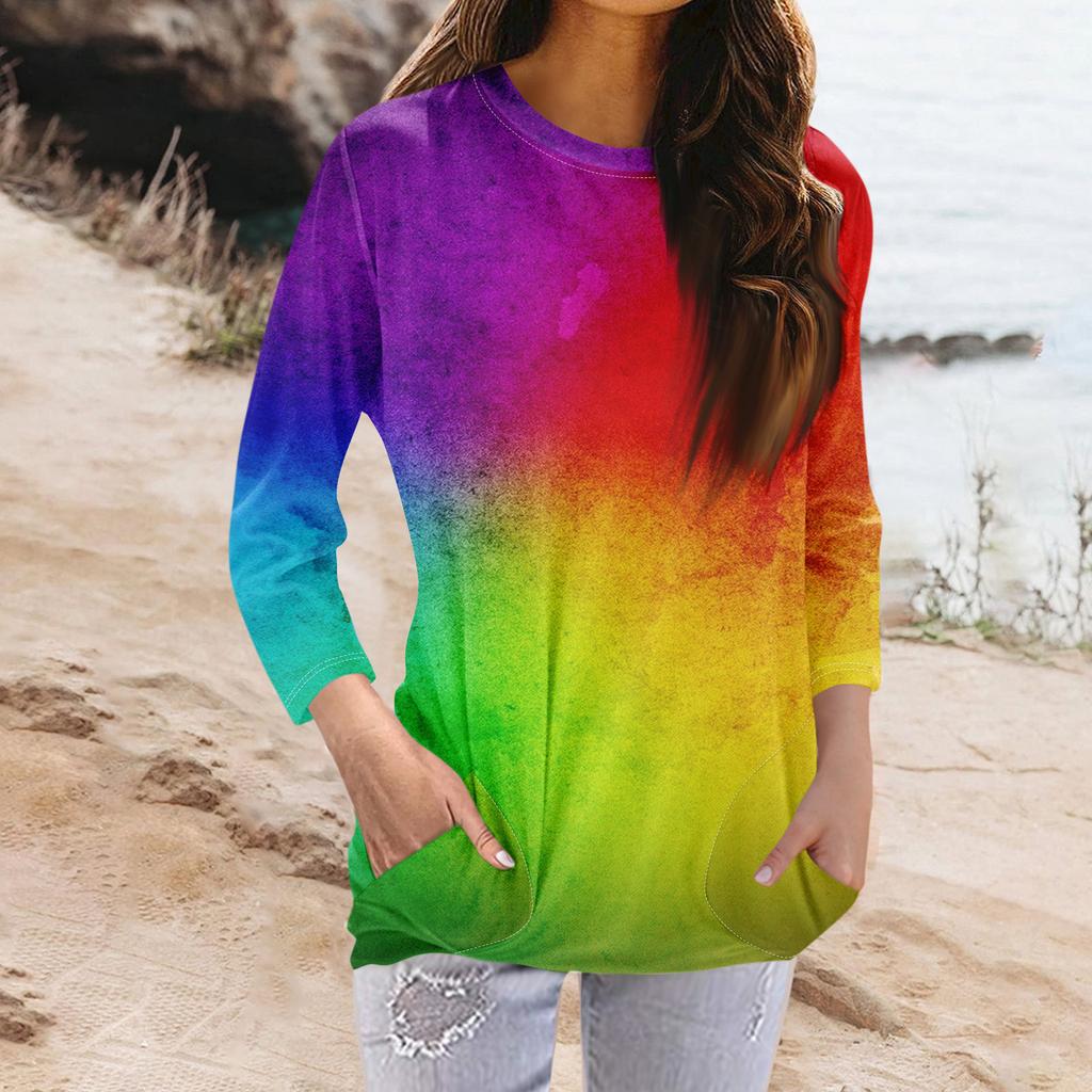 Женская модная повседневная футболка с карманом и круглым вырезом с рукавами 3/4 и топом