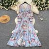 Французский holiday style цветочный принт рукав-колокол платье женское с длинным рукавом шнуровка на талии А-силуэта длинное платье элегантный темперамент