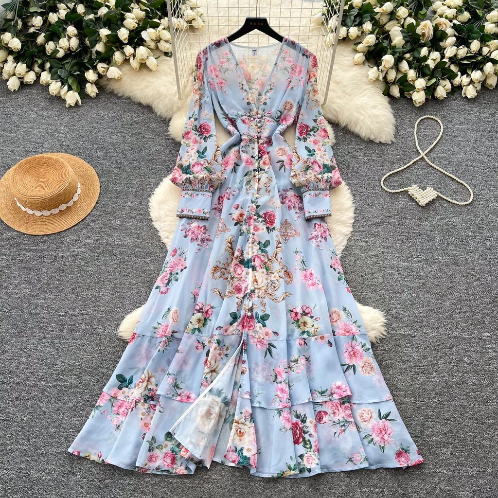 Французский holiday style цветочный принт рукав-колокол платье женское с длинным рукавом шнуровка на талии А-силуэта длинное платье элегантный темперамент
