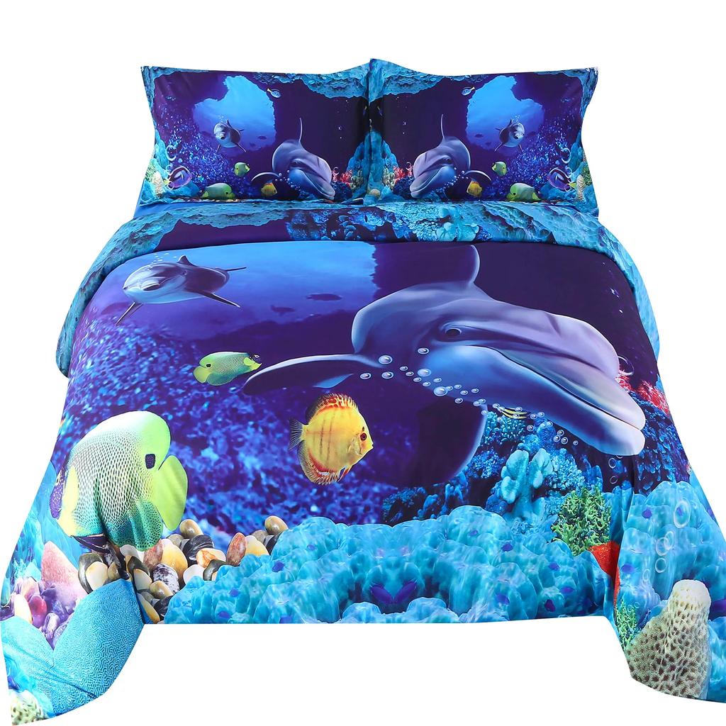 2/3pcs Fish Duvet Cover Set Ocean Bedding Sets 3D Printed Underwater World With Shark Dolphin Coral Reef Pattern Quilt Cover Set