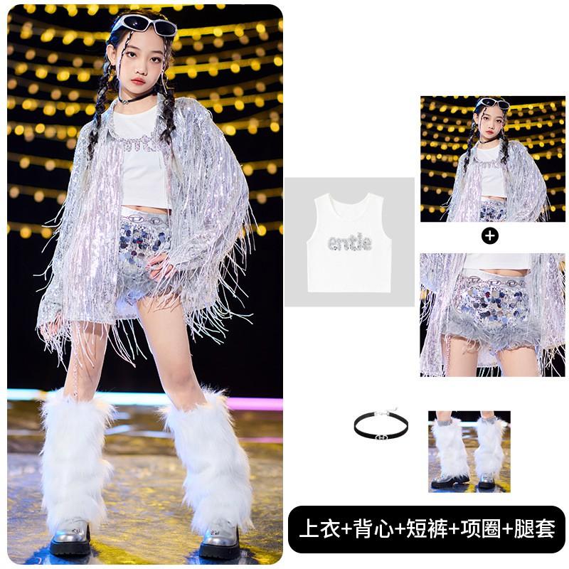 Girls Hip Hop Dance Costume Fringe Sequins Performance Outfit Kids Jazz Street Wear