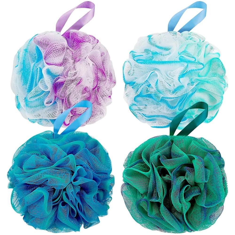 Shower Bath Sponge 75g/each Extra Large Shower Ball, Soft Mesh Bath Scrubber Rope, Easy to Lather Body Cleansing Exfoliator, Pack of 4, Floral Pattern