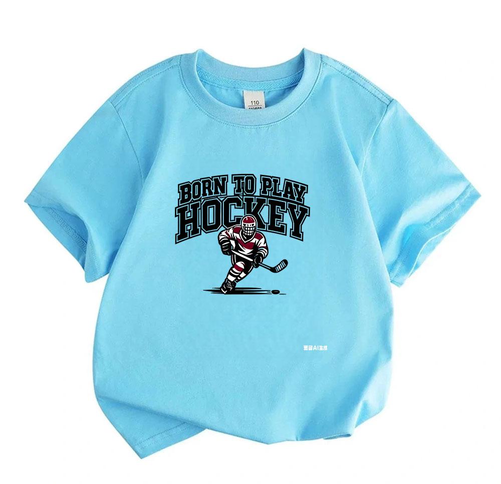 Kids Boys Girls 100% Cotton Crew Neck Short Sleeve T-Shirt, Born to Play Hockey Graphic Casual Tee for Ice Hockey Sport Loving Children, Soft Breathab
