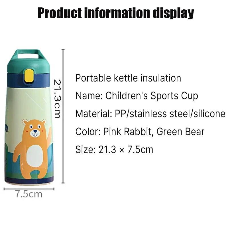 500ml Kids Stainless Steel Straw Thermos Mug Cute Cartoon Children Thermal Water Bottle Portable School Cup Drinking Kettle